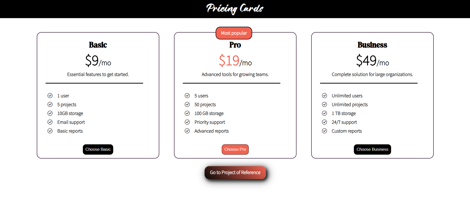 Pricing Cards screenshot